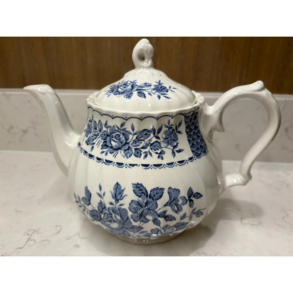 Vtg Myott Melody Teapot Blue White Floral Fine Ironstone Staffordshire England